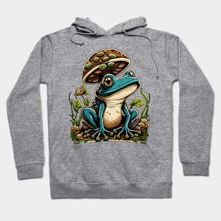 Cottagecore Blue Frog Under Mushroom Hoodie